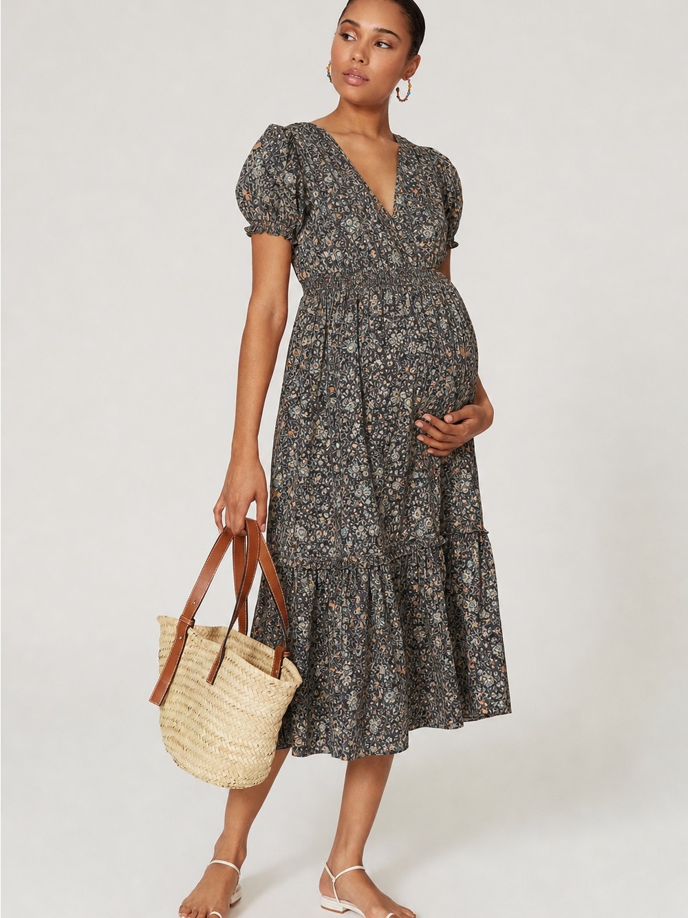 Hatch Emmeline Maternity Black Floral Puff-Sleeve Midi Dress Babydoll